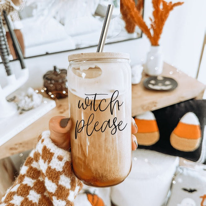 Witch Please 17oz Glass Tumbler With Bamboo Lid Stainless Straws And Cleaner BandsCo Straps