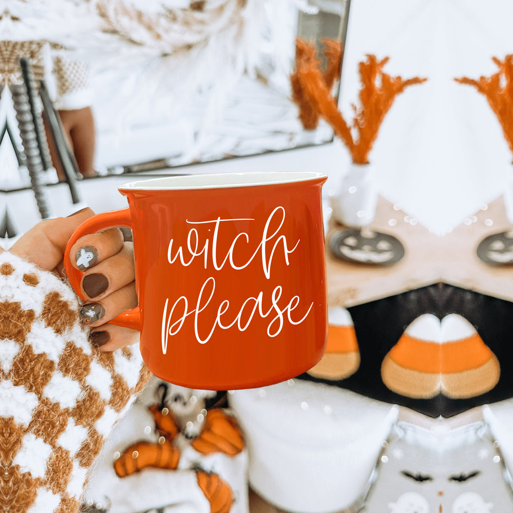 Witch Please Orange Ceramic Campfire Mug 14.5oz Double-Sided White Lettering BandsCo Straps