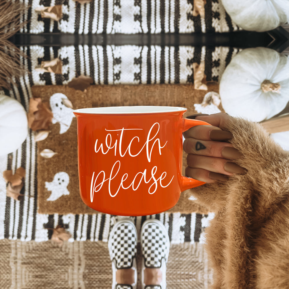 Witch Please Orange Ceramic Campfire Mug 14.5oz Double-Sided White Lettering BandsCo Straps