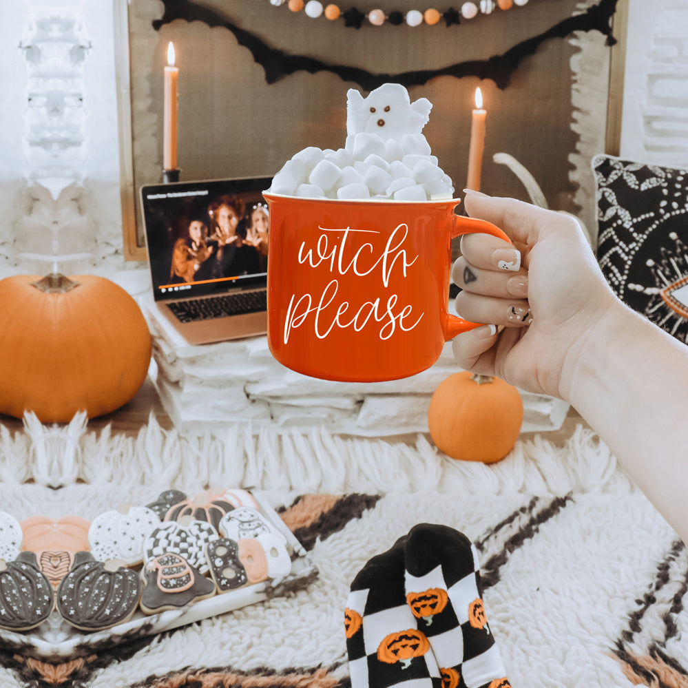 Witch Please Orange Ceramic Campfire Mug 14.5oz Double-Sided White Lettering BandsCo Straps