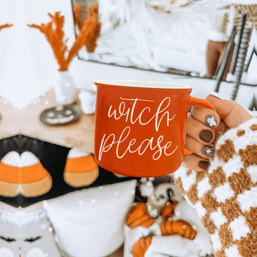 Witch Please Orange Ceramic Campfire Mug 14.5oz Double-Sided White Lettering BandsCo Straps