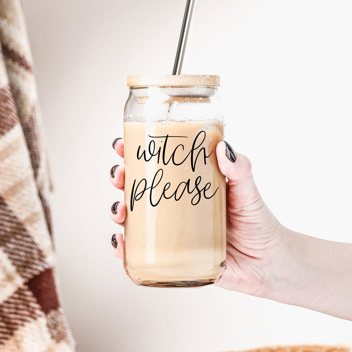 Witch Please 17oz Glass Tumbler With Bamboo Lid Stainless Straws And Cleaner BandsCo Straps