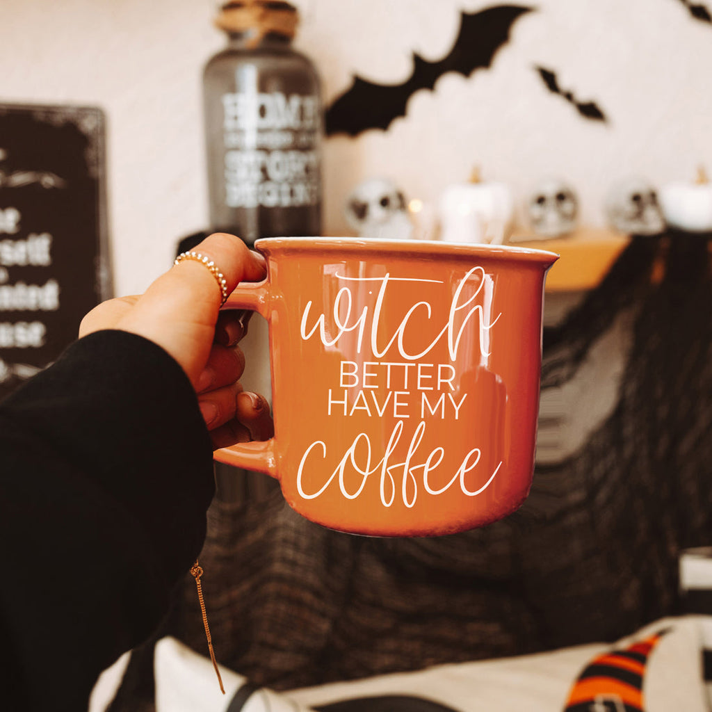Witch Better Have Coffee Mug 14.5oz Orange Ceramic With White Lettering Halloween Coffee Gift BandsCo Straps