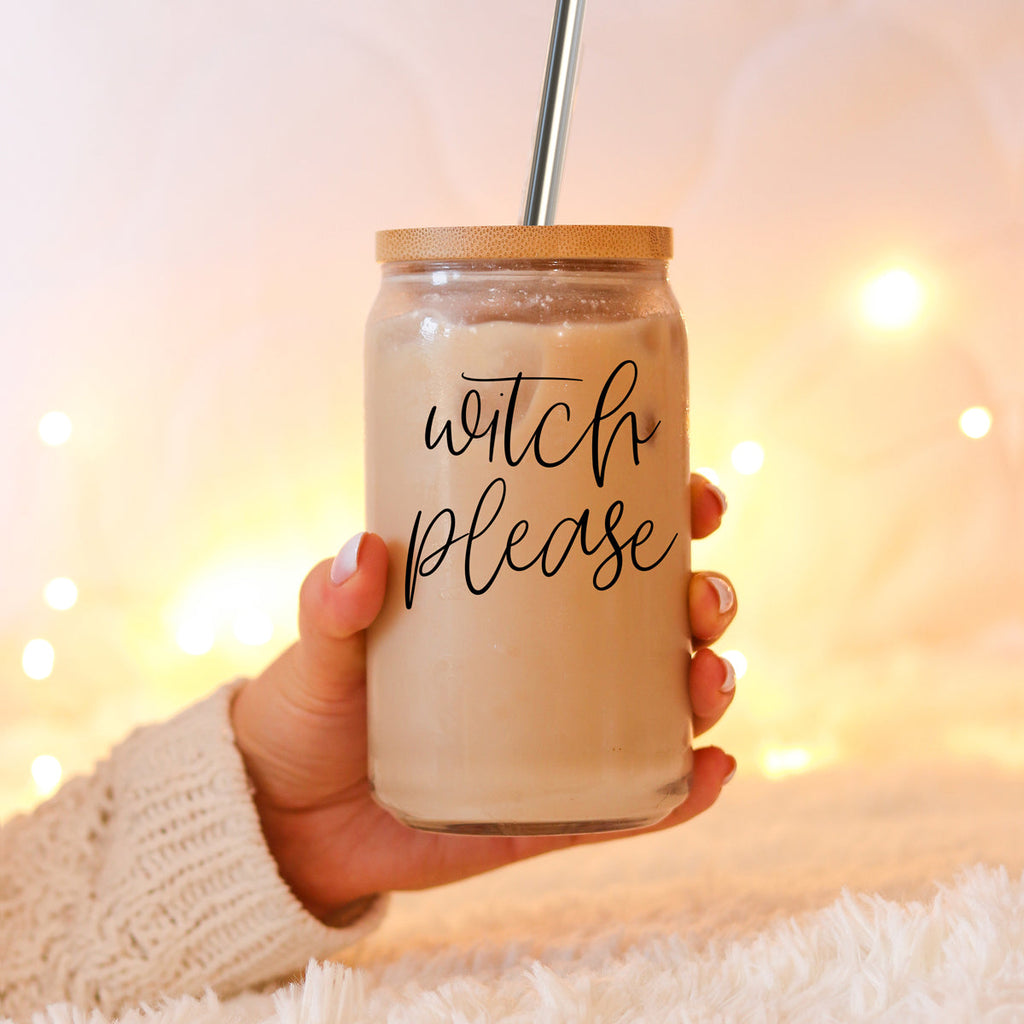 Witch Please 17oz Glass Tumbler With Bamboo Lid Stainless Straws And Cleaner BandsCo Straps