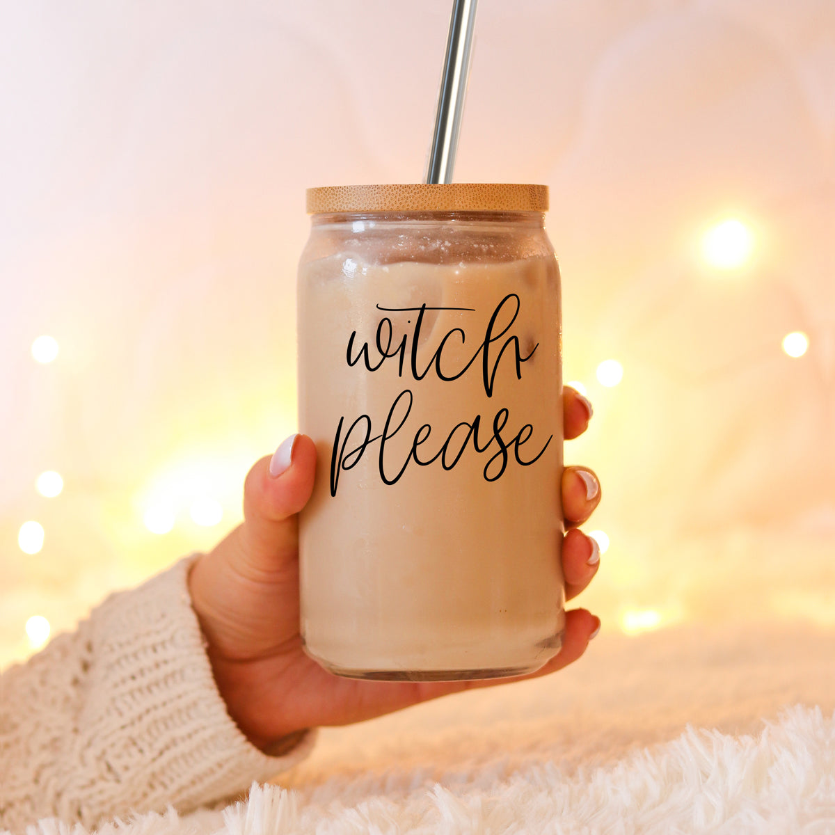 Witch Please 17oz Glass Tumbler With Bamboo Lid Stainless Straws And Cleaner BandsCo Straps