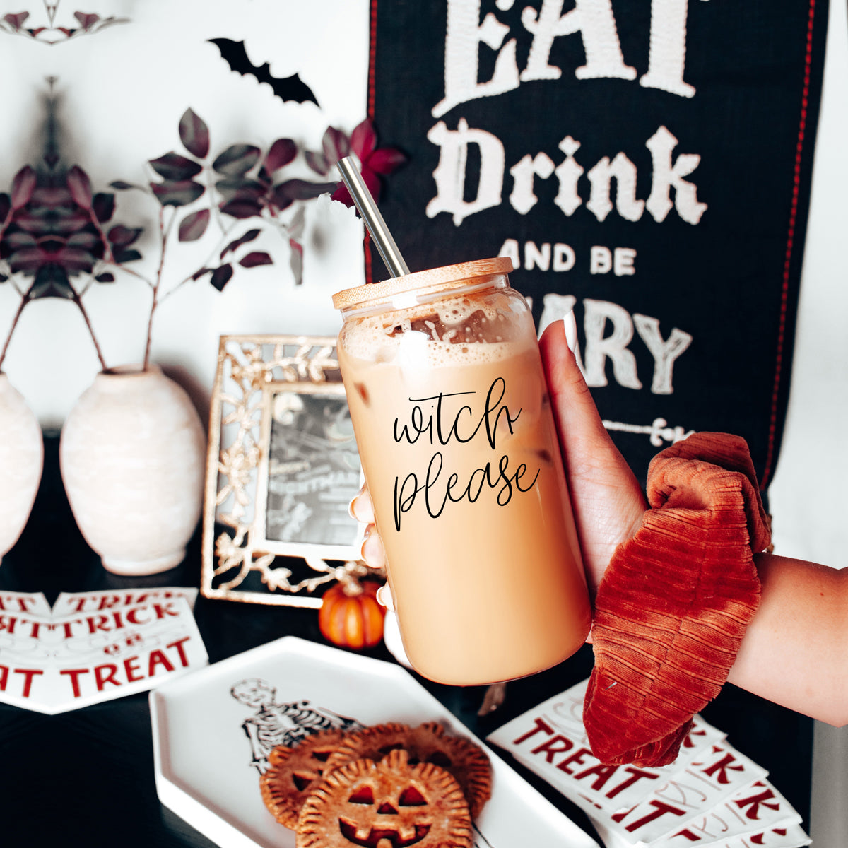 Witch Please 17oz Glass Tumbler With Bamboo Lid Stainless Straws And Cleaner BandsCo Straps