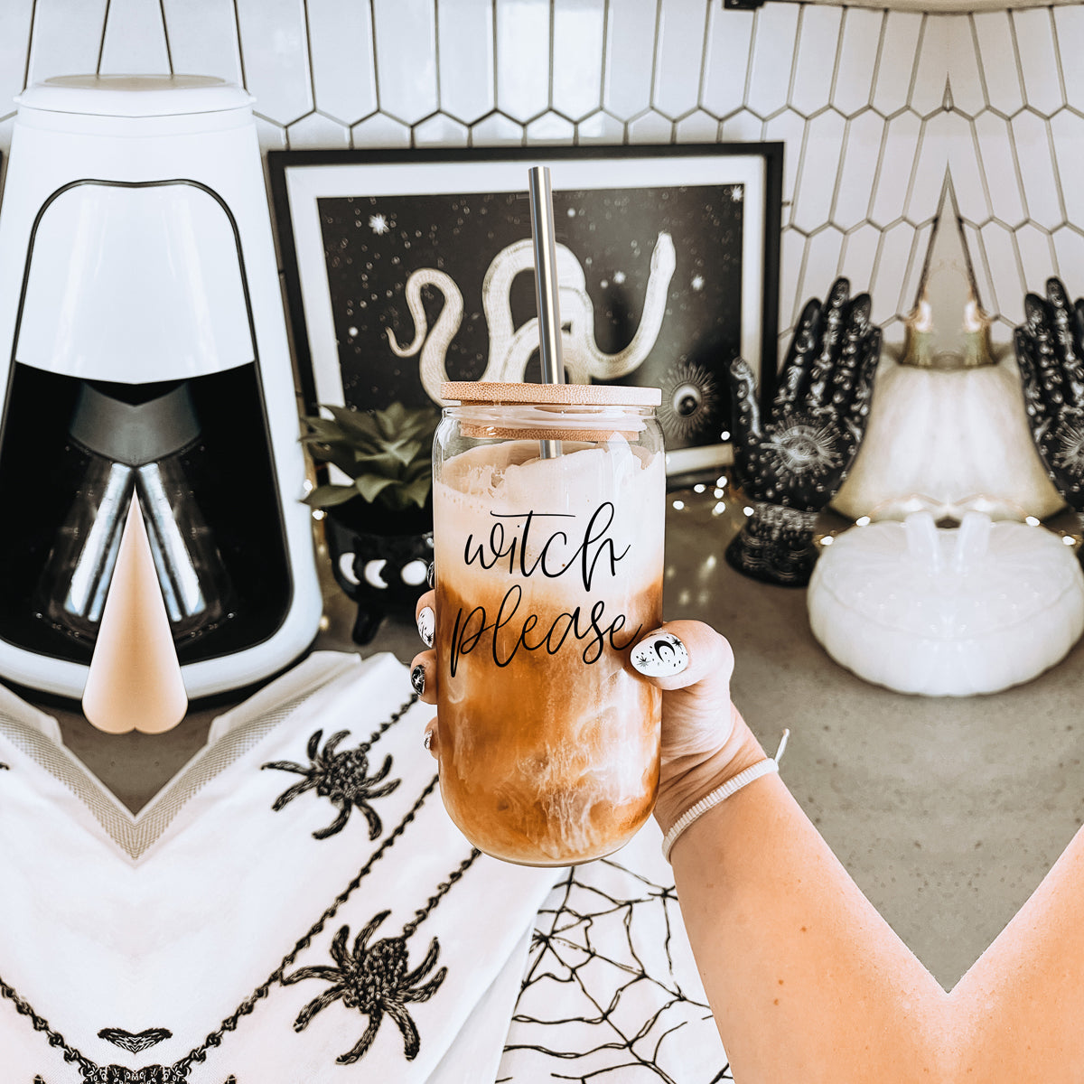 Witch Please 17oz Glass Tumbler With Bamboo Lid Stainless Straws And Cleaner BandsCo Straps