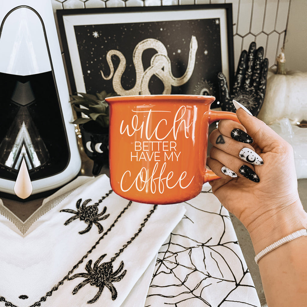 Witch Better Have Coffee Mug 14.5oz Orange Ceramic With White Lettering Halloween Coffee Gift BandsCo Straps