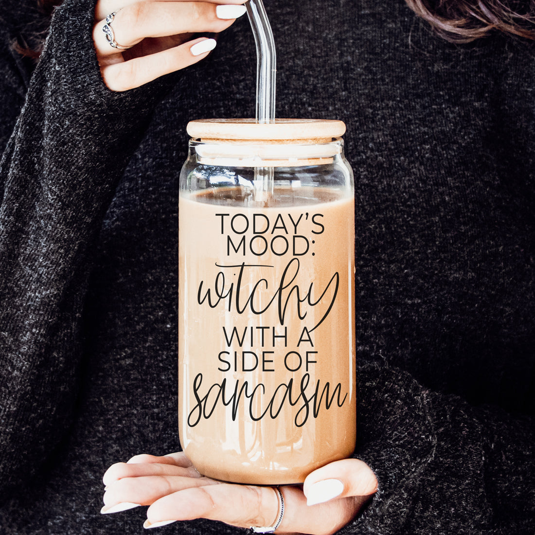 20oz Glass Tumbler Hocus Pocus Coffee Quote With Bamboo Lid Straws And Cleaner BandsCo Straps