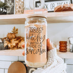 20oz Glass Tumbler Hocus Pocus Coffee Quote With Bamboo Lid Straws And Cleaner BandsCo Straps