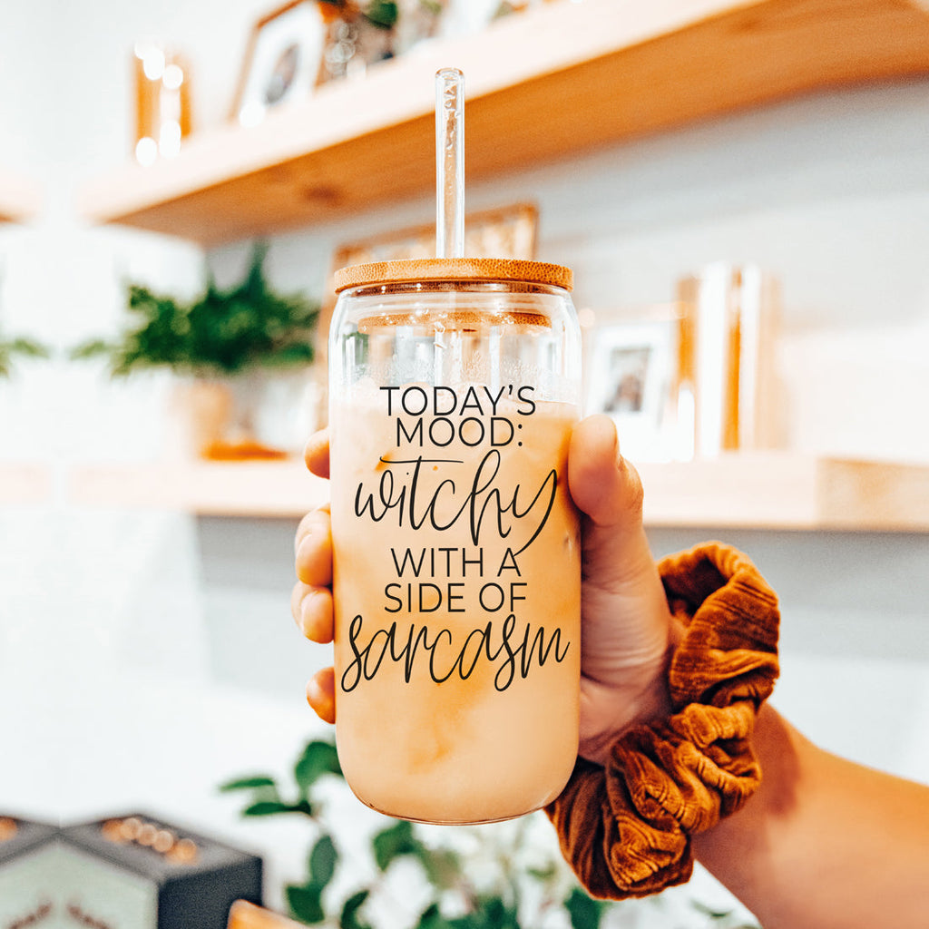 20oz Glass Tumbler Hocus Pocus Coffee Quote With Bamboo Lid Straws And Cleaner BandsCo Straps