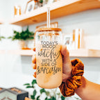 20oz Glass Tumbler Hocus Pocus Coffee Quote With Bamboo Lid Straws And Cleaner BandsCo Straps