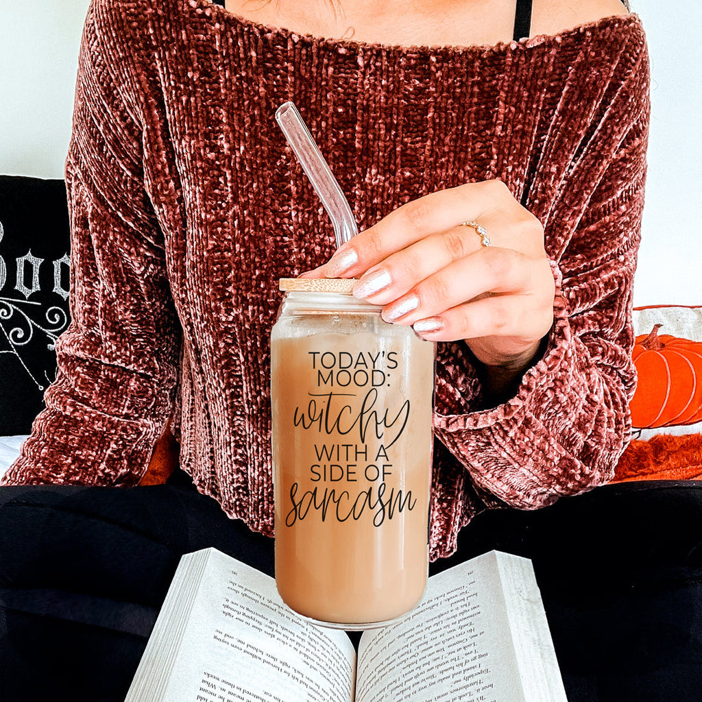 20oz Glass Tumbler Hocus Pocus Coffee Quote With Bamboo Lid Straws And Cleaner BandsCo Straps