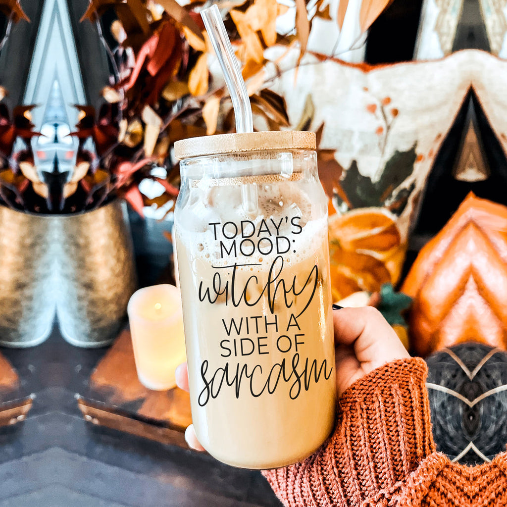 20oz Glass Tumbler Hocus Pocus Coffee Quote With Bamboo Lid Straws And Cleaner BandsCo Straps