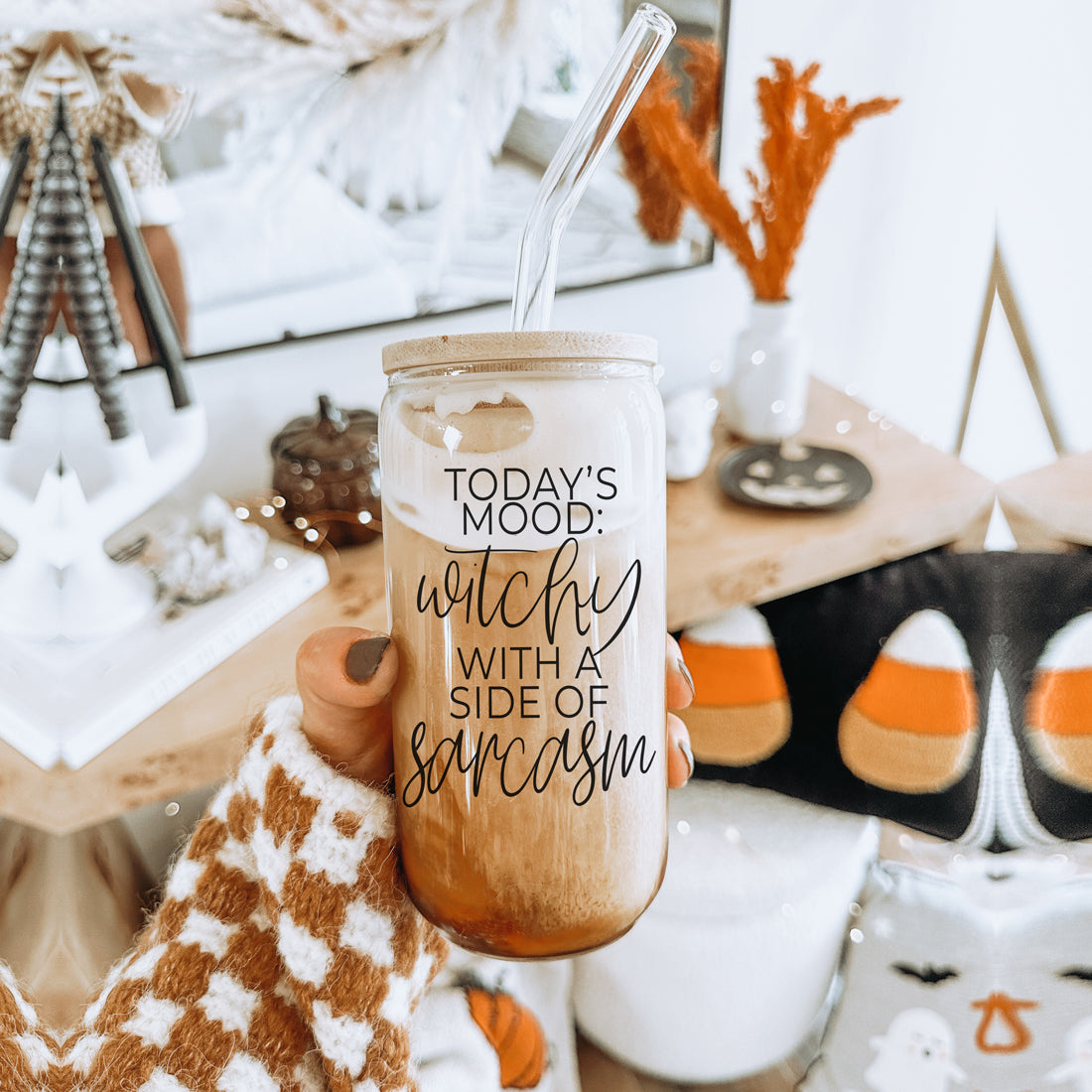 20oz Glass Tumbler Hocus Pocus Coffee Quote With Bamboo Lid Straws And Cleaner BandsCo Straps