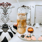 20oz Glass Tumbler Hocus Pocus Coffee Quote With Bamboo Lid Straws And Cleaner BandsCo Straps