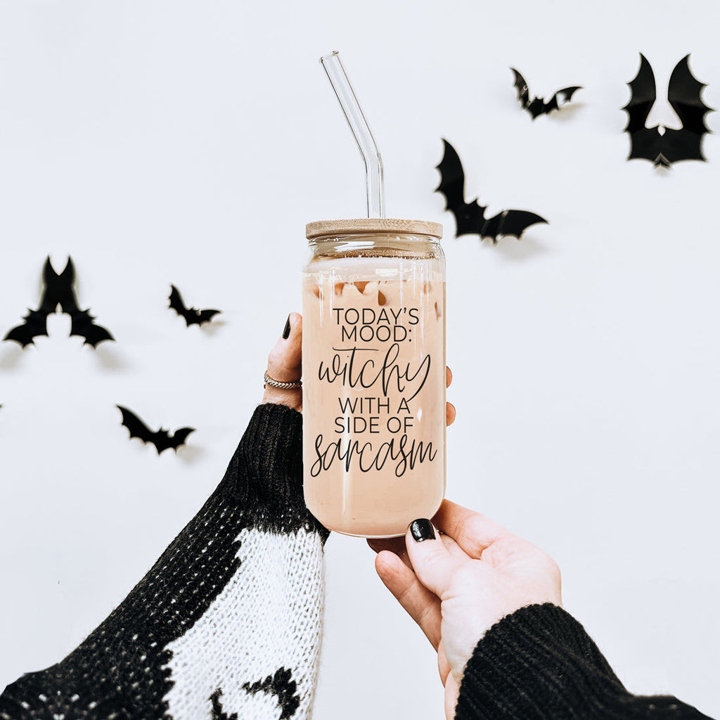 20oz Glass Tumbler Hocus Pocus Coffee Quote With Bamboo Lid Straws And Cleaner BandsCo Straps