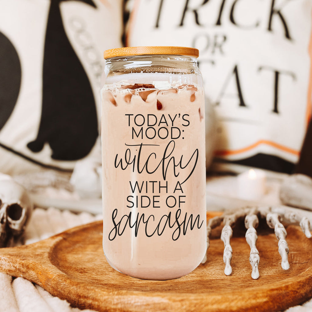 20oz Glass Tumbler Hocus Pocus Coffee Quote With Bamboo Lid Straws And Cleaner BandsCo Straps