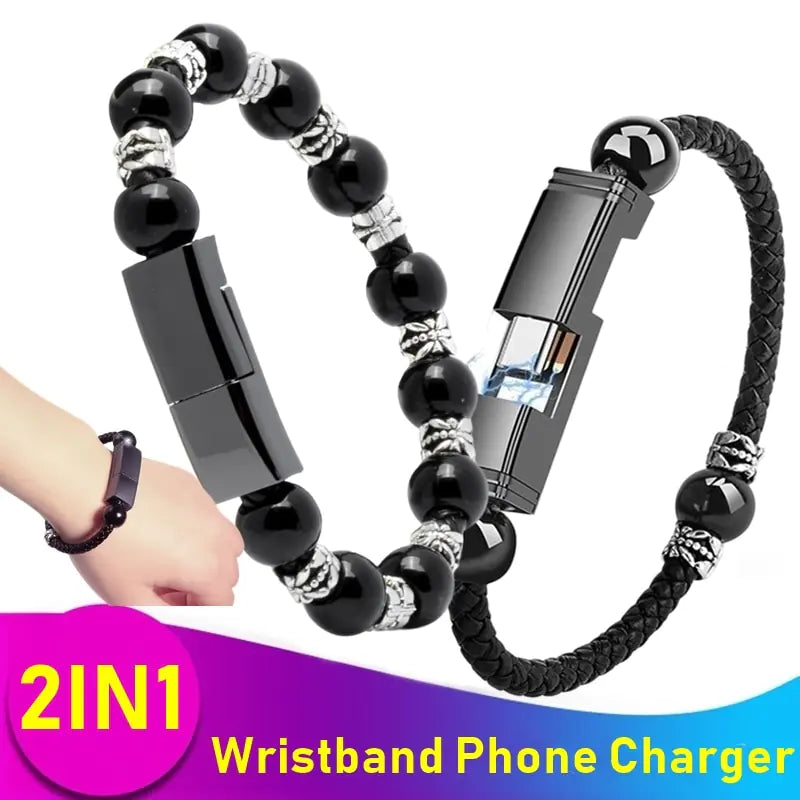 Leather Portable USB Type C and Micro Bracelet Phone Charger Pi-Mart