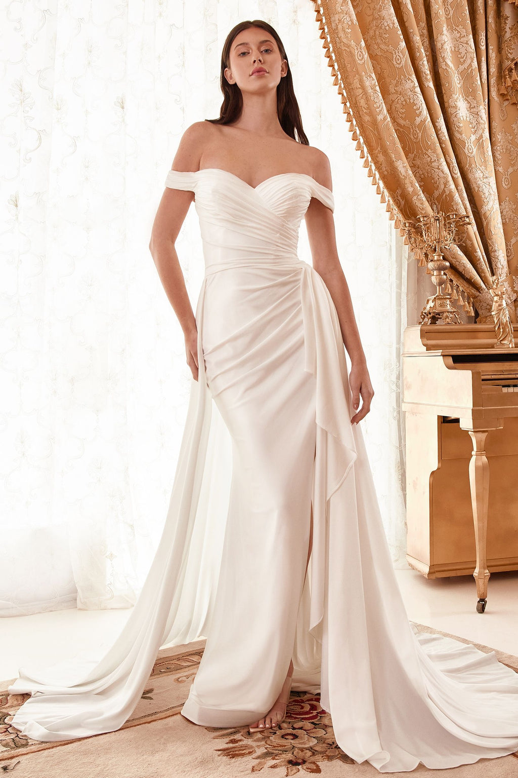 Draped Off The Shoulder Bridal Gown With Overskirt Purplish Diva