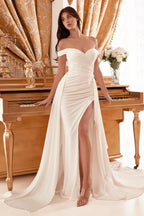 Draped Off The Shoulder Bridal Gown With Overskirt Purplish Diva