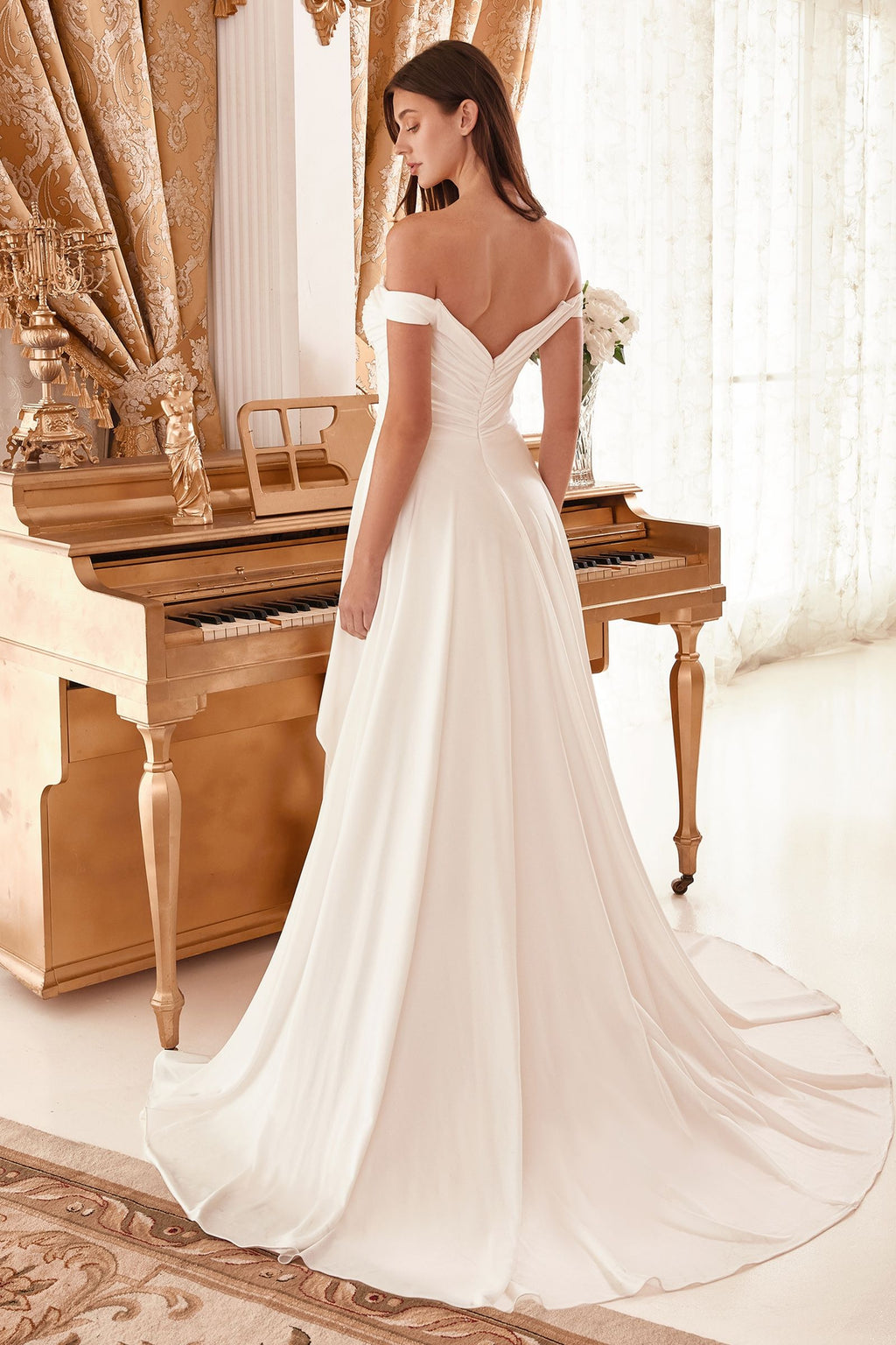 Draped Off The Shoulder Bridal Gown With Overskirt Purplish Diva