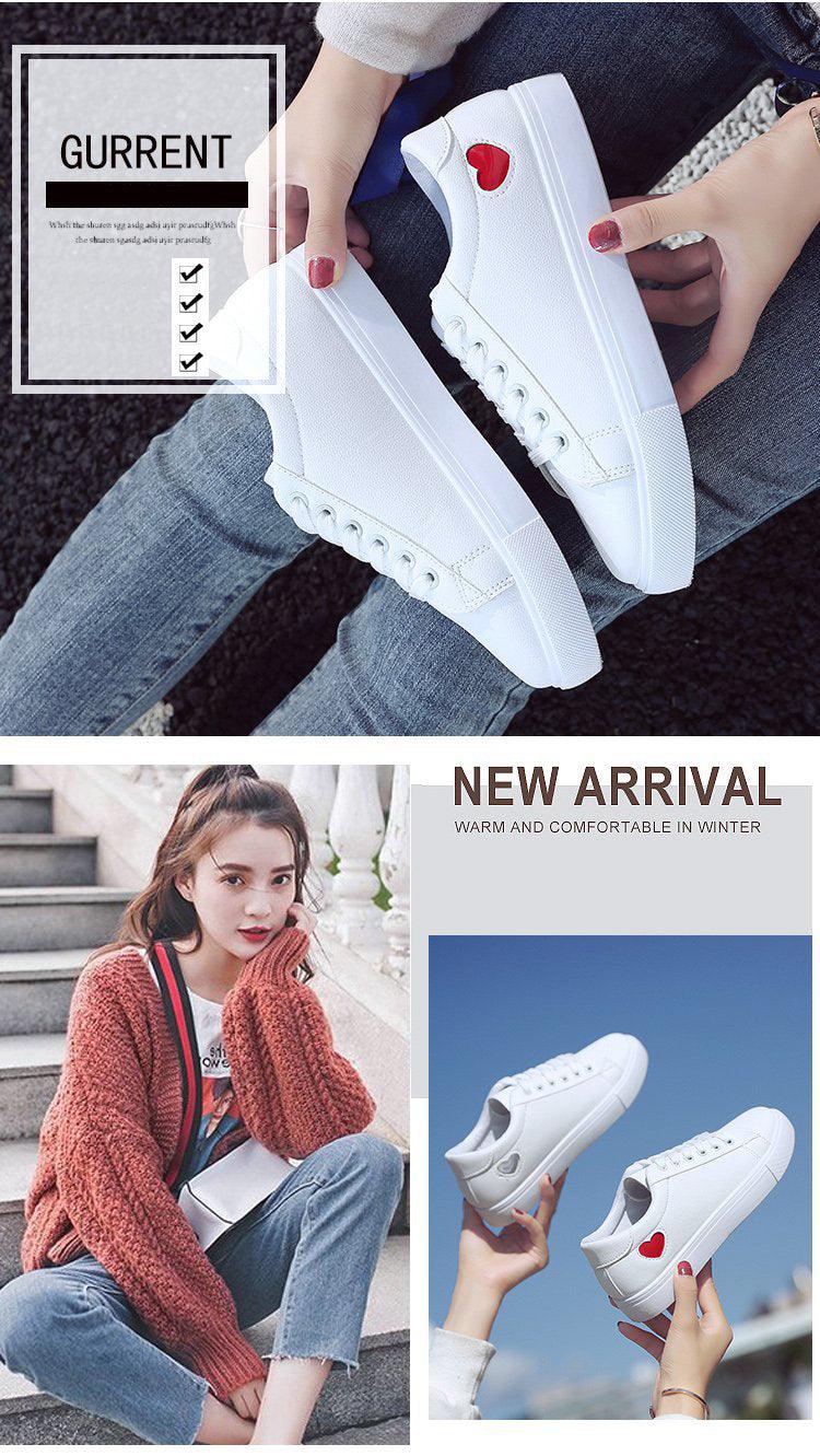 Woman Fashion New PU Leather Shoes Breathable Cute Heart Flats Casual White Sneakers Platform Tenis Comfortable Shoes Leather Womens Sneakers Stevvex