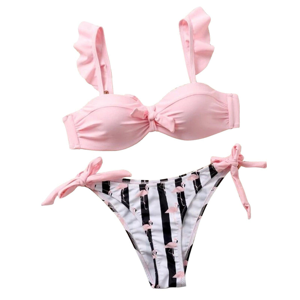Women 2Pcs Summer Beach Bathing Suit Bowknot Ruffle Sleeve Crop Tops  Striped Print Swimsuit  Bikini Sets 2 Piece Ruffled V Neck Bathing Suits Summer Swimwear Stevvex