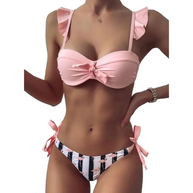 Women 2Pcs Summer Beach Bathing Suit Bowknot Ruffle Sleeve Crop Tops  Striped Print Swimsuit  Bikini Sets 2 Piece Ruffled V Neck Bathing Suits Summer Swimwear Stevvex