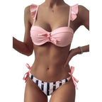 Women 2Pcs Summer Beach Bathing Suit Bowknot Ruffle Sleeve Crop Tops  Striped Print Swimsuit  Bikini Sets 2 Piece Ruffled V Neck Bathing Suits Summer Swimwear Stevvex