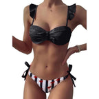 Women 2Pcs Summer Beach Bathing Suit Bowknot Ruffle Sleeve Crop Tops  Striped Print Swimsuit  Bikini Sets 2 Piece Ruffled V Neck Bathing Suits Summer Swimwear Stevvex