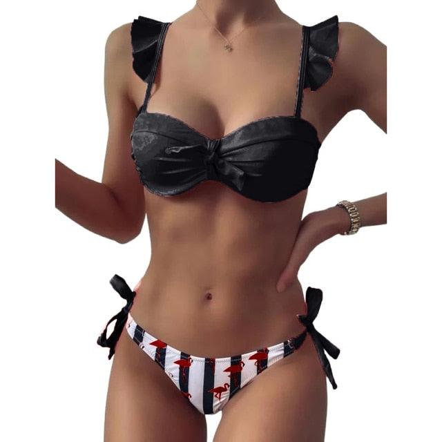 Women 2Pcs Summer Beach Bathing Suit Bowknot Ruffle Sleeve Crop Tops  Striped Print Swimsuit  Bikini Sets 2 Piece Ruffled V Neck Bathing Suits Summer Swimwear Stevvex