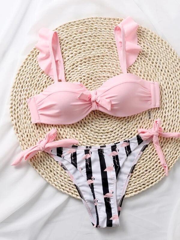 Women 2Pcs Summer Beach Bathing Suit Bowknot Ruffle Sleeve Crop Tops  Striped Print Swimsuit  Bikini Sets 2 Piece Ruffled V Neck Bathing Suits Summer Swimwear Stevvex
