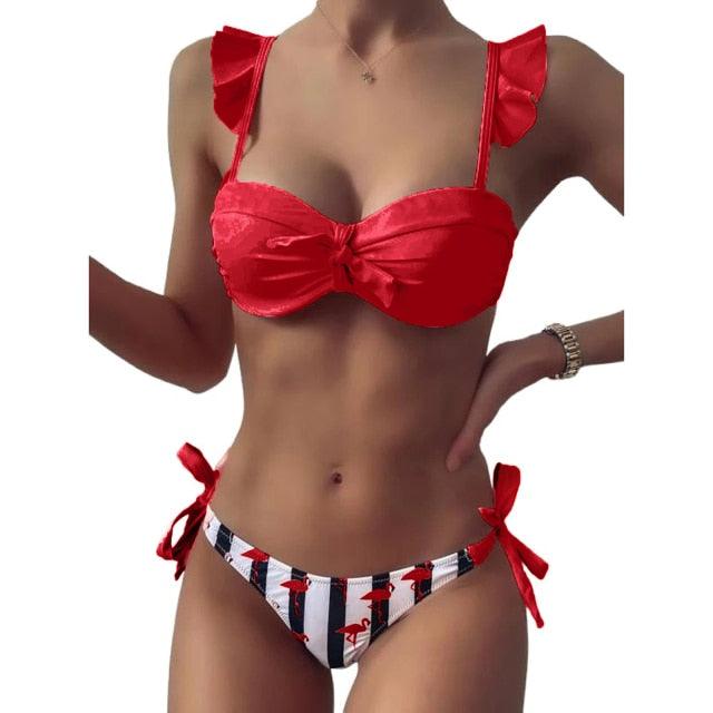 Women 2Pcs Summer Beach Bathing Suit Bowknot Ruffle Sleeve Crop Tops  Striped Print Swimsuit  Bikini Sets 2 Piece Ruffled V Neck Bathing Suits Summer Swimwear Stevvex