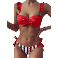 Women 2Pcs Summer Beach Bathing Suit Bowknot Ruffle Sleeve Crop Tops  Striped Print Swimsuit  Bikini Sets 2 Piece Ruffled V Neck Bathing Suits Summer Swimwear Stevvex