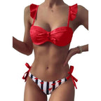 Women 2Pcs Summer Beach Bathing Suit Bowknot Ruffle Sleeve Crop Tops  Striped Print Swimsuit  Bikini Sets 2 Piece Ruffled V Neck Bathing Suits Summer Swimwear Stevvex