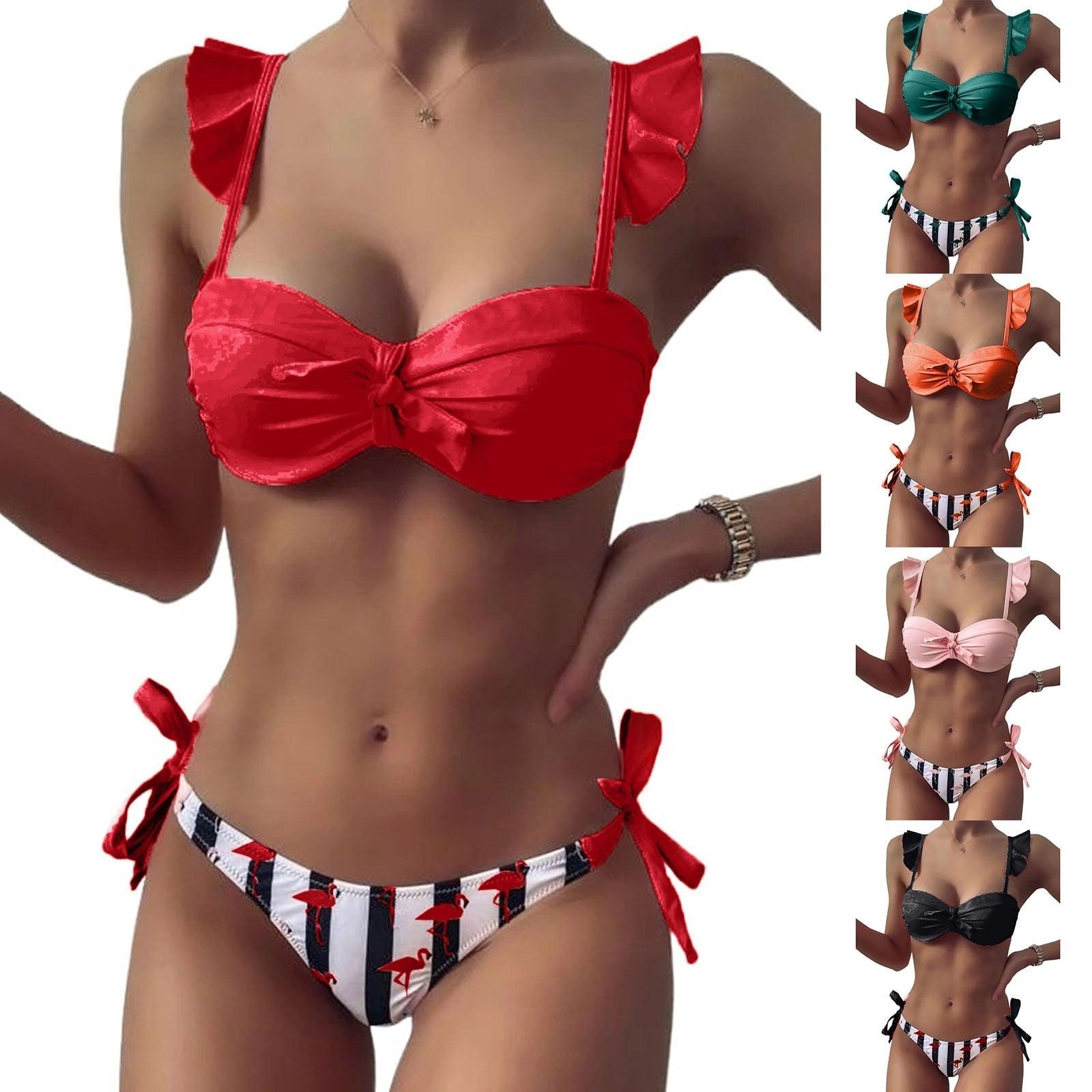 Women 2Pcs Summer Beach Bathing Suit Bowknot Ruffle Sleeve Crop Tops  Striped Print Swimsuit  Bikini Sets 2 Piece Ruffled V Neck Bathing Suits Summer Swimwear Stevvex