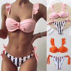 Women 2Pcs Summer Beach Bathing Suit Bowknot Ruffle Sleeve Crop Tops  Striped Print Swimsuit  Bikini Sets 2 Piece Ruffled V Neck Bathing Suits Summer Swimwear Stevvex