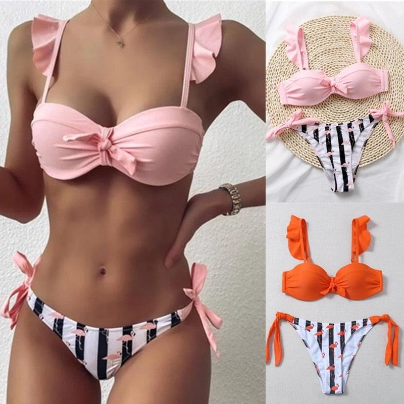 Women 2Pcs Summer Beach Bathing Suit Bowknot Ruffle Sleeve Crop Tops  Striped Print Swimsuit  Bikini Sets 2 Piece Ruffled V Neck Bathing Suits Summer Swimwear Stevvex