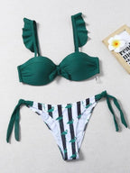 Women 2Pcs Summer Beach Bathing Suit Bowknot Ruffle Sleeve Crop Tops  Striped Print Swimsuit  Bikini Sets 2 Piece Ruffled V Neck Bathing Suits Summer Swimwear Stevvex