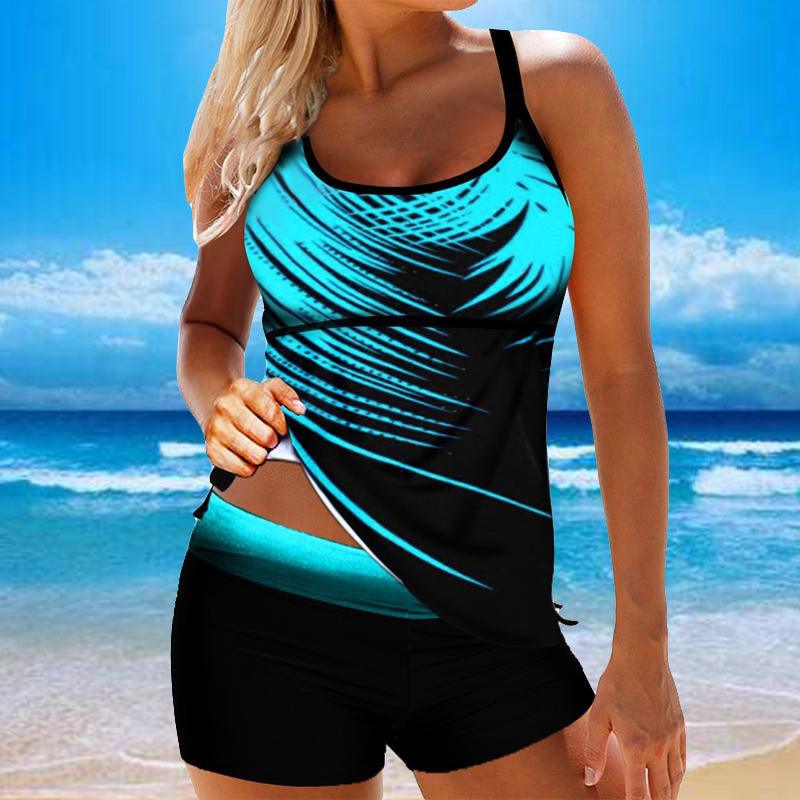 Women Beach Blue Print Backless 2 Piece Swimsuit Fashion Spaghetti Strap Female Bathing Suit Women's V Neck Tankini Set Back Tankini Top With Bikini Bottom Two Piece Bathing Suits Plus Size Swimwear Stevvex