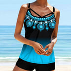 Women Beach Blue Print Backless 2 Piece Swimsuit Fashion Spaghetti Strap Female Bathing Suit Women's V Neck Tankini Set Back Tankini Top With Bikini Bottom Two Piece Bathing Suits Plus Size Swimwear Stevvex