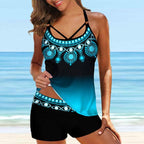 Women Beach Blue Print Backless 2 Piece Swimsuit Fashion Spaghetti Strap Female Bathing Suit Women's V Neck Tankini Set Back Tankini Top With Bikini Bottom Two Piece Bathing Suits Plus Size Swimwear Stevvex