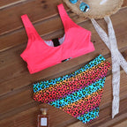 Women Bikini Set Leopard Swimwear Women High Waist String Floral Printed 2 Piece Bathing Suits Women Patchwork Swimsuits Push Up Printed Bikinis Buckle Front Beach Wear Stevvex