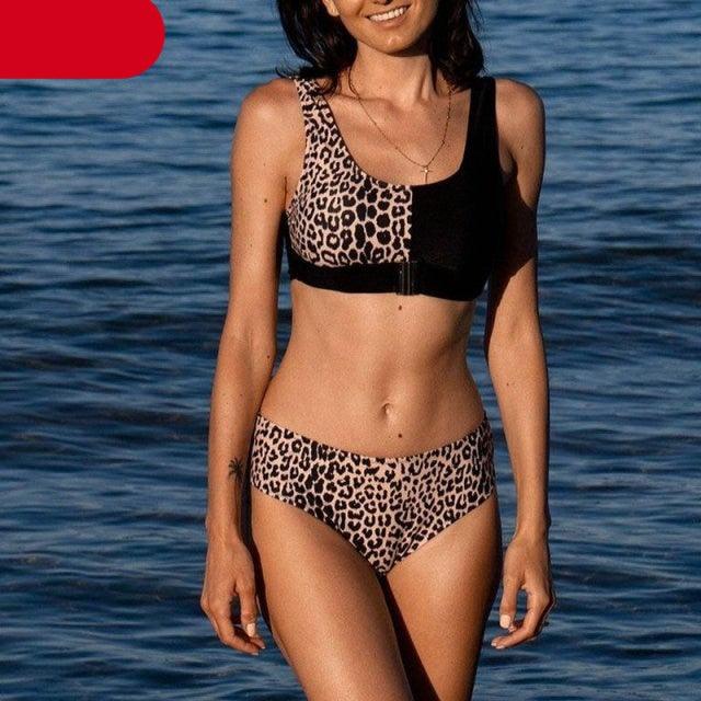 Women Bikini Set Leopard Swimwear Women High Waist String Floral Printed 2 Piece Bathing Suits Women Patchwork Swimsuits Push Up Printed Bikinis Buckle Front Beach Wear Stevvex