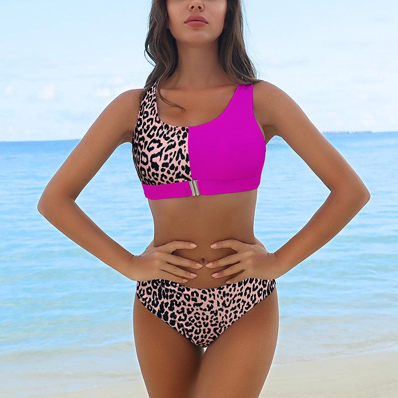 Women Bikini Set Leopard Swimwear Women High Waist String Floral Printed 2 Piece Bathing Suits Women Patchwork Swimsuits Push Up Printed Bikinis Buckle Front Beach Wear Stevvex