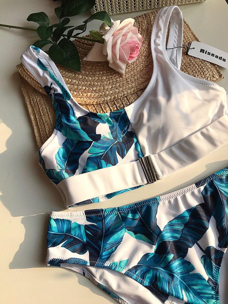 Women Bikini Set Leopard Swimwear Women High Waist String Floral Printed 2 Piece Bathing Suits Women Patchwork Swimsuits Push Up Printed Bikinis Buckle Front Beach Wear Stevvex