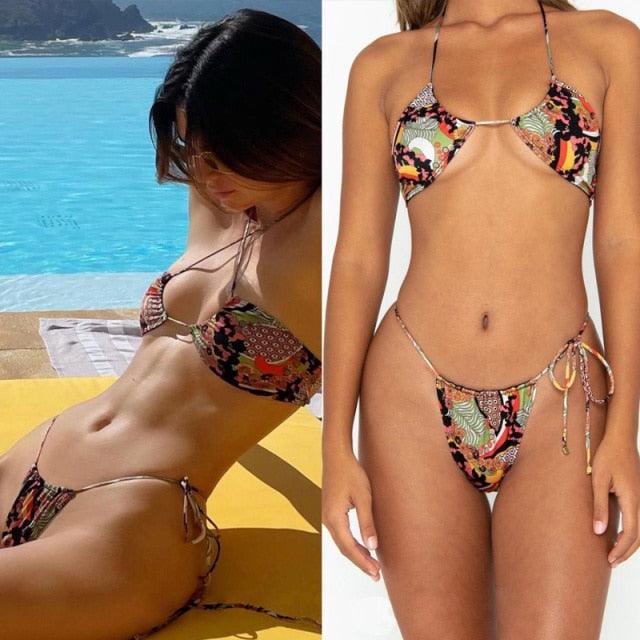 Women Bikini Set Solid Color Swimsuit Women Two Piece Swimsuit Swimwear Halter String Triangle Bikini Sets Women Hollow Out Bikinis String Swimwear Women Adjustable Bathing Suit Stevvex