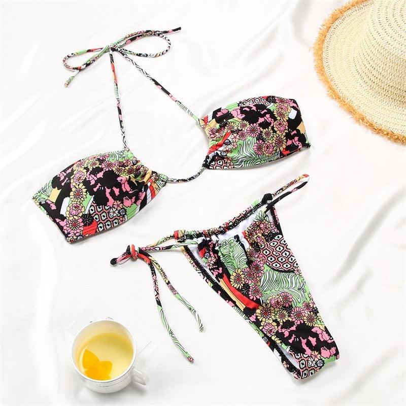 Women Bikini Set Solid Color Swimsuit Women Two Piece Swimsuit Swimwear Halter String Triangle Bikini Sets Women Hollow Out Bikinis String Swimwear Women Adjustable Bathing Suit Stevvex