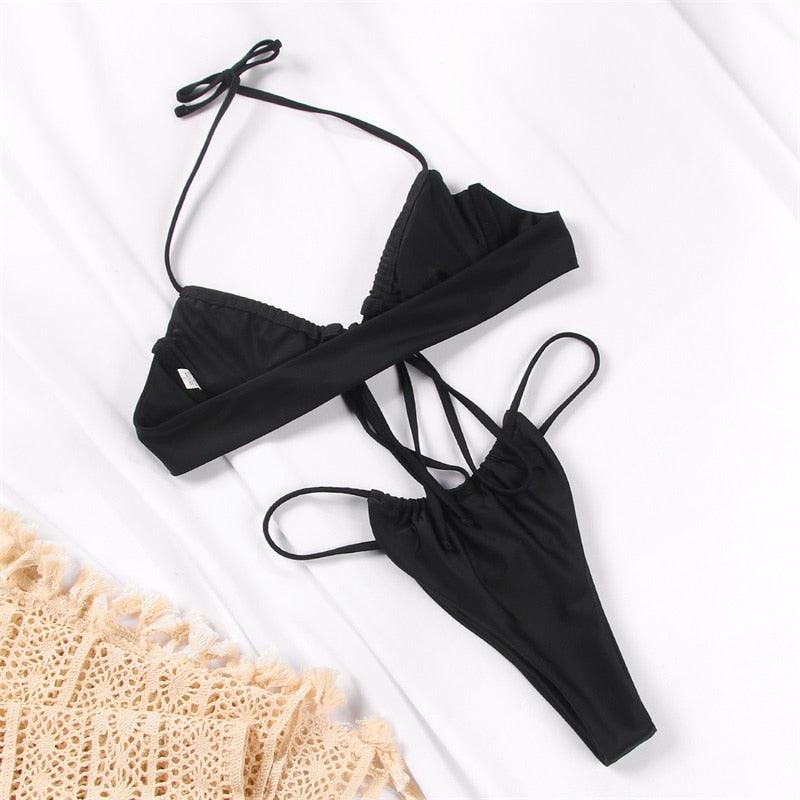 Women Bikini Set Solid Color Swimsuit Women Two Piece Swimsuit Swimwear Halter String Triangle Bikini Sets Women Hollow Out Bikinis String Swimwear Women Adjustable Bathing Suit Stevvex
